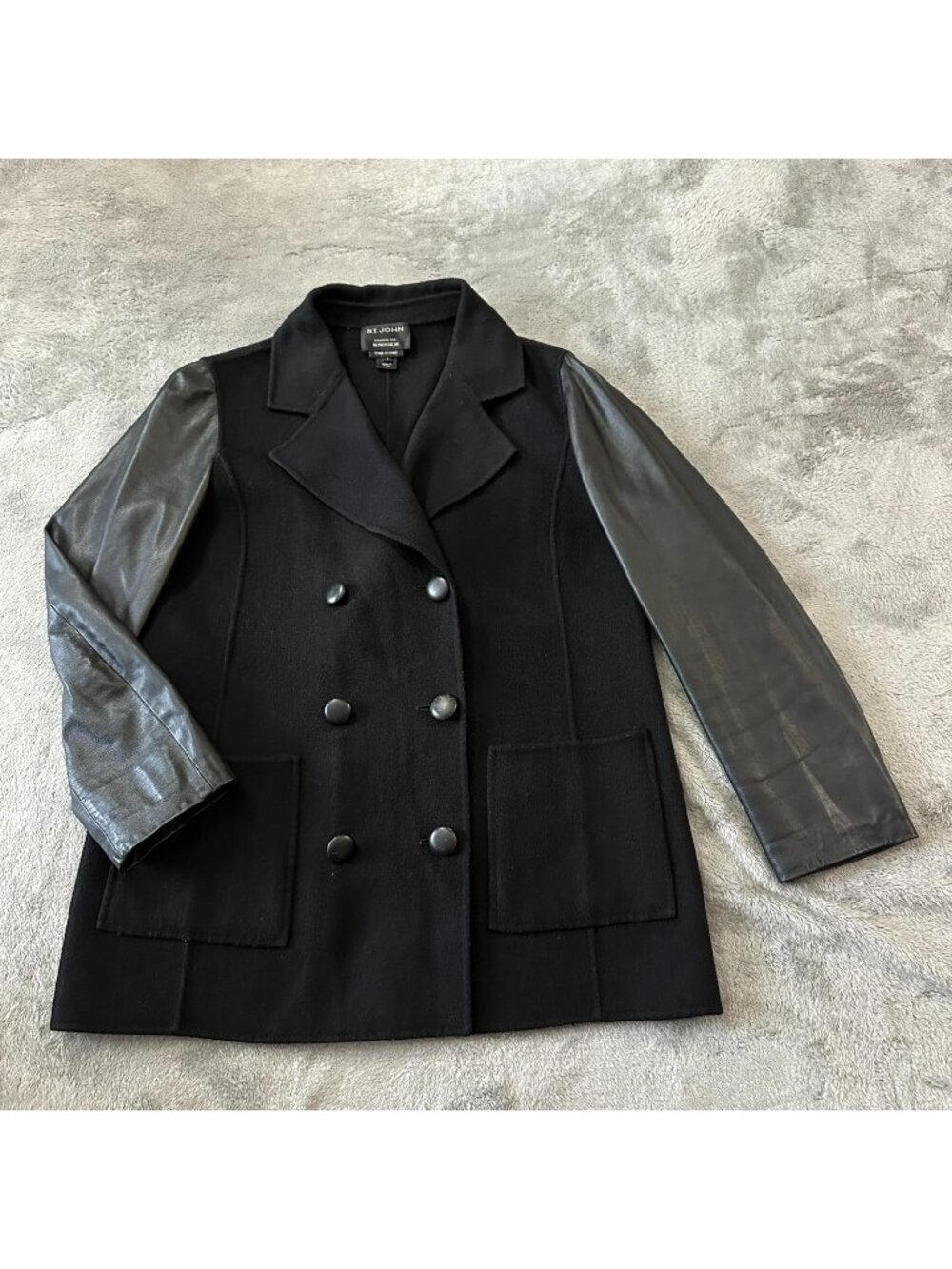 St John Angora Wool Cashmere Lambs Leather Double Breasted Jacket 8 Blazer Black